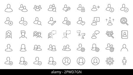 Set di icone della riga utente. Avatar delle persone, uomo e donna, squadra, gruppo, ritratto anonimo di genere, illustrazione del vettore persona. Delineare i segni per il profilo Illustrazione Vettoriale