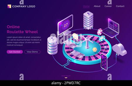 Pagina di atterraggio isometrica del casino in linea, fatture di soldi e chip che giacciono sulla rotella della roulette circondata dai gadget, dai calcolatori e dai server via il sistema del cloud ed il Internet. Giochi d'azzardo 3D vettore web banner Illustrazione Vettoriale