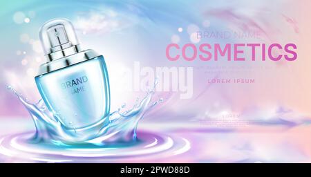 Flacone di profumo cosmetico sulla superficie dell'acqua con cerchi su sfondo rosa nuvoloso cielo. Confezione con tubo spray in vetro, design per striscioni in mockup. Prodotti cosmetici immagine vettoriale 3D realistica Illustrazione Vettoriale