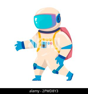 Personaggio astronauta camminare verso sconosciuto, esplorando lo spazio esterno. Illustrazione vettoriale dello spaceman. Cartoon cosmonaut in spacesuit Illustrazione Vettoriale
