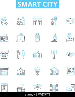 Set di icone di linee vettoriali Smart City. Intelligente, Città, intelligente, sostenibile, tecnologia, Automazione, illustrazione della rete, simboli dei concetti di base e. Illustrazione Vettoriale