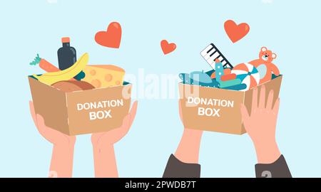 Mani di persone che tengono scatole con cibo e giocattoli per bambini Illustrazione Vettoriale