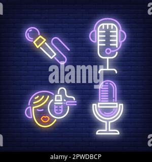 Set di segnali al neon per presentatore radio e microfoni Illustrazione Vettoriale