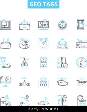 Icone delle linee vettoriali dei tag geografici impostate. Geolocalizzazione, geotagging, Geotag, coordinate, GPS, Latitudine, longitudine, illustrazione contorni simboli concetti e. Illustrazione Vettoriale