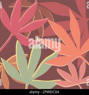 Illustrazione botanica astratta con foglie tropicali di diversi colori. Grafica vettoriale disegnata a mano Illustrazione Vettoriale