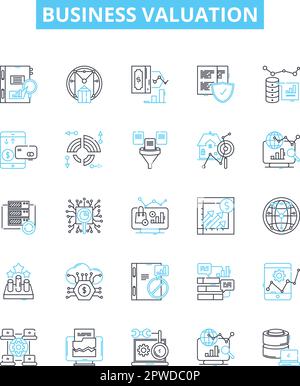 Set di icone di linee vettoriali per la valutazione aziendale. Valutazione, attività, analisi, asset, prezzo, Mercato, illustrazione di equità delineano i simboli e i segni di concetto Illustrazione Vettoriale