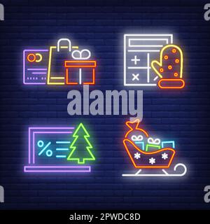 Shopping online, calcolatrice e slitta con set di insegne al neon Illustrazione Vettoriale