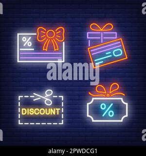 Set di cartelli al neon per carte regalo per lo shopping. Buoni sconto incandescenti Illustrazione Vettoriale