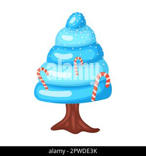 Candie in forma di albero cremoso piramide con caramelle a righe e lecca-lecca, illustrazione vettoriale. Fantasy terra caramello e dessert al cioccolato, cupcakes Illustrazione Vettoriale