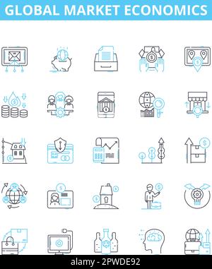 Set di icone di linee vettoriali per l'economia del mercato globale. Globale, mercato, Economia, Internazionale, Commercio, Investimento, illustrazione finanziaria il concetto di contorno Illustrazione Vettoriale