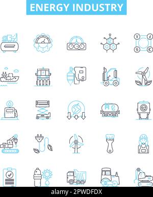 set di icone di linee vettoriali per l'industria energetica. Energia, industria, petrolio, solare, Vento, Nucleare, illustrazione idroelettrica delineano simboli e segni concettuali Illustrazione Vettoriale