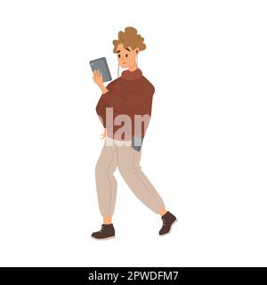 Studente impegnato in cuffie con il telefono che va all'università cartone animato illustrazione Illustrazione Vettoriale