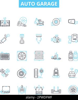 Set di icone di linee vettoriali auto garage. Auto, Garage, Riparazione, Assistenza, Messa a punto, OIL, Change Illustration simboli e segnali del concetto di contorno Illustrazione Vettoriale