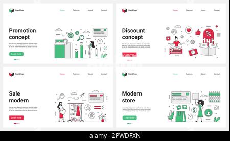 Pubblicità moderna del deposito e degli sconti, vendite del negozio e illustrazione del vettore dell'insieme di vendita. Cartoon persone piccole con borse piene di acquisti, online prom Illustrazione Vettoriale
