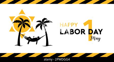 happy labor day 1 maggio pittogramma uomo sdraiato in amaca sotto le palme Illustrazione Vettoriale