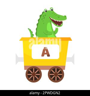 Lettera A, alligatore. Animale carino in treno alfabeto colorato. Illustrazione vettoriale del giocattolo di apprendimento per i bambini di prescolare. Cartoni animati seduti Illustrazione Vettoriale