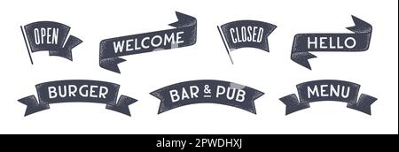 Set di grafica vintage per banner a nastro. Set di banner vintage, nastro, testo Benvenuto, Ciao, grazie, Elementi grafici della vecchia scuola, pizza, ristorante. Design dell'elemento di incisione del nastro. Illustrazione vettoriale Illustrazione Vettoriale