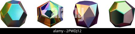 Le figure futuristiche del gradiente del neon possono essere usate per una varietà di scopi, compreso l'intrattenimento, l'istruzione e la visualizzazione scientifica.insieme delle forme geometriche del hologram. Iridescente moderno 3D oggetto multicolore. Illustrazione Vettoriale