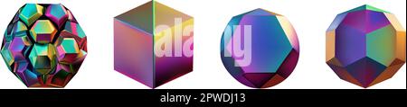 Le figure futuristiche del gradiente del neon possono essere usate per una varietà di scopi, compreso l'intrattenimento, l'istruzione e la visualizzazione scientifica.insieme delle forme geometriche del hologram. Iridescente moderno 3D oggetto multicolore. Illustrazione Vettoriale