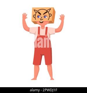 Capretto con il cattivo terribile costume da illustrazione vettoriale scatola di cartone. Cartone animato creativo bambino in barca di cartone isolato su sfondo bianco Illustrazione Vettoriale