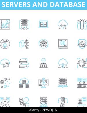 Set di icone di linee vettoriali per server e database. Server, database, SQL, MySQL, PostgreSQL, Oracle, Microsoft SQL Server Illustration Outline Concept Illustrazione Vettoriale