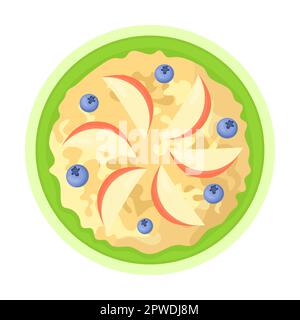 Porridge bollito con fette di mela e mirtilli. Illustrazione vettoriale scatola di cereali e ciotole di farina d'avena. Grani OAT in vaso Illustrazione Vettoriale