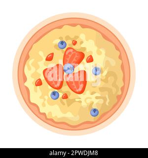 Porridge bollito con fettine di fragole e mirtilli. Illustrazione vettoriale scatola di cereali e ciotole di farina d'avena. Grani OAT in vaso Illustrazione Vettoriale