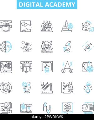 Set di icone di linee vettoriali per Digital Academy. Digitale, Accademia, Online, corso, formazione, Istruzione, illustrazione scolastica delineare simboli e segni concettuali Illustrazione Vettoriale