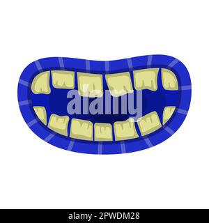 bocca del mostro con labbra blu e denti marci, illustrazione vettoriale del cartone animato. Goblin carino e spaventoso, gremlin, aliens bocche con lingua Illustrazione Vettoriale