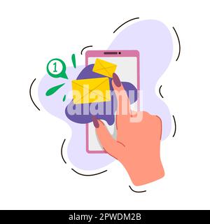 Tenere in mano il telefono cellulare e ricevere e-mail. Illustrazione vettoriale di un utente Internet femminile o maschile. App online Cartoon isolata in bianco Illustrazione Vettoriale