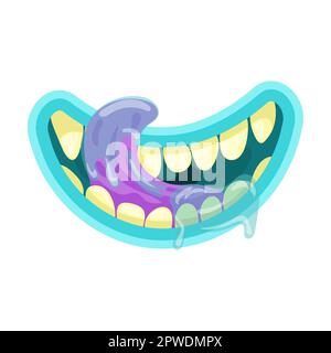monster bocca lecca e drools cartoon illustrazione vettoriale. Goblin carino e spaventoso, gremlin, bocche alieni con lingua, denti taglienti decaduti Illustrazione Vettoriale
