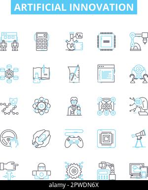 Set di icone di linee vettoriali per l'innovazione artificiale. Ai, robotica, automazione, macchina, apprendimento, Aumentare, illustrazione intelligente delineare i simboli concettuali Illustrazione Vettoriale