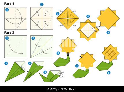 Origami tutorial per bambini. Origami grazioso girasole. Illustrazione Vettoriale