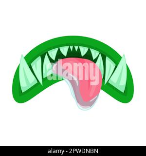 monster mouth con lingua e fangs cartoon illustrazione vettoriale. Goblin carino e spaventoso, gremlin, bocche alieni con lingua, denti taglienti decaduti Illustrazione Vettoriale