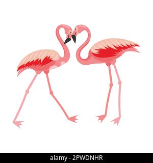 Flamingo uccelli bacio a forma di cuore, cartoon vettore illustrazione. Uccello rosa che vola, in piedi, mangiare, mostrare l'amore. Vacanza, fauna selvatica Illustrazione Vettoriale