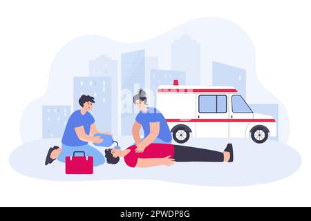 Aiuto per la rianimazione al paziente inconscio dal team di emergenza Illustrazione Vettoriale