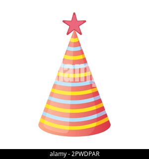 Berretto colorato con righe e stella in cima per un buon compleanno. Illustrazione vettoriale del cappello di carta dei capretti per il carnevale. Cartone animato divertente festa Illustrazione Vettoriale