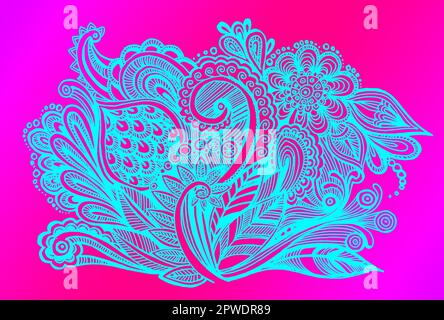 Disegna a mano uno sfondo di ornamenti floreali senza cuciture per il colore tessile, nuziale, blu e magenta Foto Stock