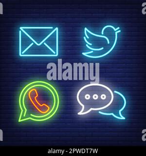 Set di segnali neon di rete. Telefono, bolla del discorso Illustrazione Vettoriale
