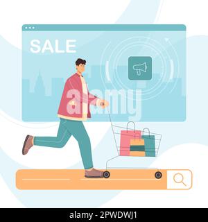 Shopper che funziona con il carrello del supermercato per affrettarsi sulle vendite con l'illustrazione del vettore di sconto e di prezzo basso. Cartone animato buon compratore maschio che spinge il carrello pieno delle borse di shopping, persona shopaholic con le merci Illustrazione Vettoriale