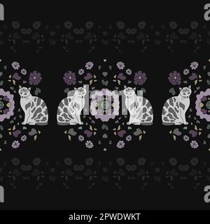 Ripetizione senza giunture. Gatto Mandala con cuori e fiori. Vettore. Illustrazione Vettoriale