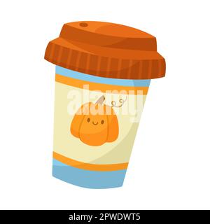 Bevanda calda in tazza con simpatica illustrazione del carattere di zucca Illustrazione Vettoriale