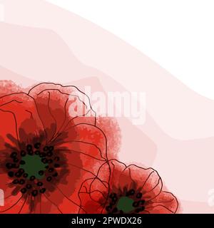 Banner con fiori di papavero su sfondo chiaro. Fiori di papavero disegnati a mano. Simbolo del giorno del ricordo. Poster per il giorno del ricordo e. Illustrazione Vettoriale