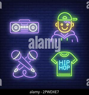 Set di insegne al neon per microfoni, stereo, ragazzo e maglietta Illustrazione Vettoriale