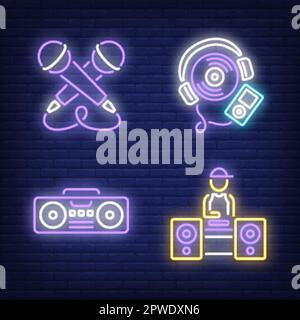 Microfoni, stereo portatile, lettore musicale e set di segnali al neon per jokey su disco Illustrazione Vettoriale