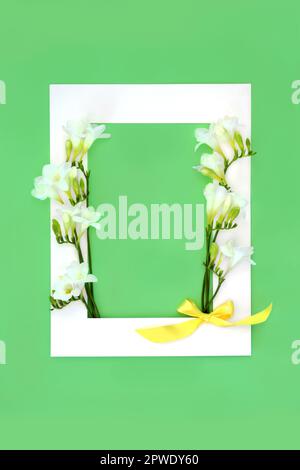 Bordo di sfondo primaverile con fiori di freesia. Astratto sul verde con cornice bianca. Sistemazione creativa di natura minima. Foto Stock