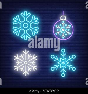 Bella fiocchi di neve e natale scottare neon insegne set Illustrazione Vettoriale