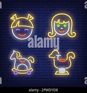 Parco giochi per bambini con insegna al neon. Ragazzo, ragazza Illustrazione Vettoriale