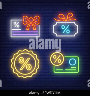 Buoni regalo per lo shopping, set di cartelli al neon. Carte sconto incandescenti Illustrazione Vettoriale