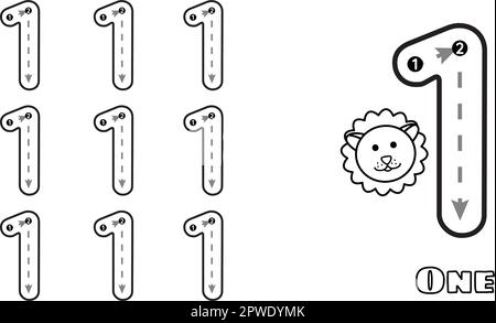 Foglio di lavoro per la pratica del tracciamento numero uno per bambini e bambini di prek. Calligrafia prescolare asilo tracciare illustrazione vettoriale Illustrazione Vettoriale